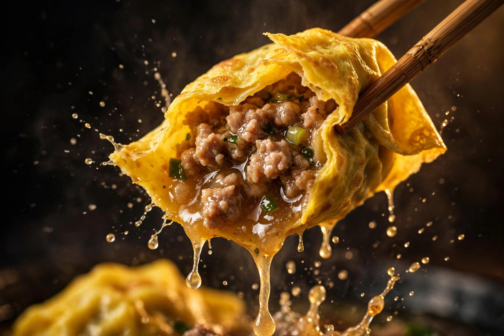 juicy golden egg dumpling torn open